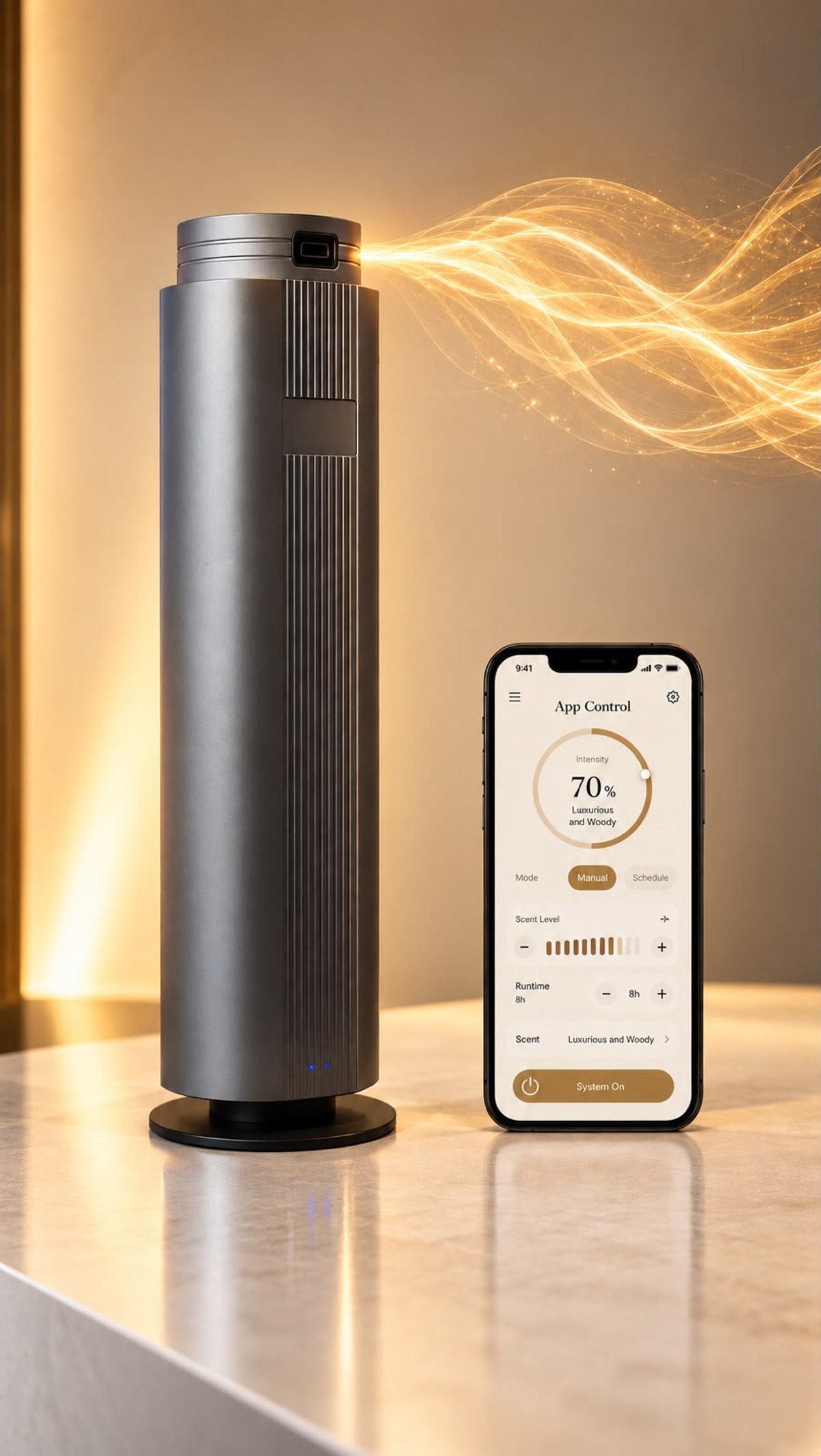 A Scent in Motion tower diffuser releasing fragrance, beside its app control on a phone