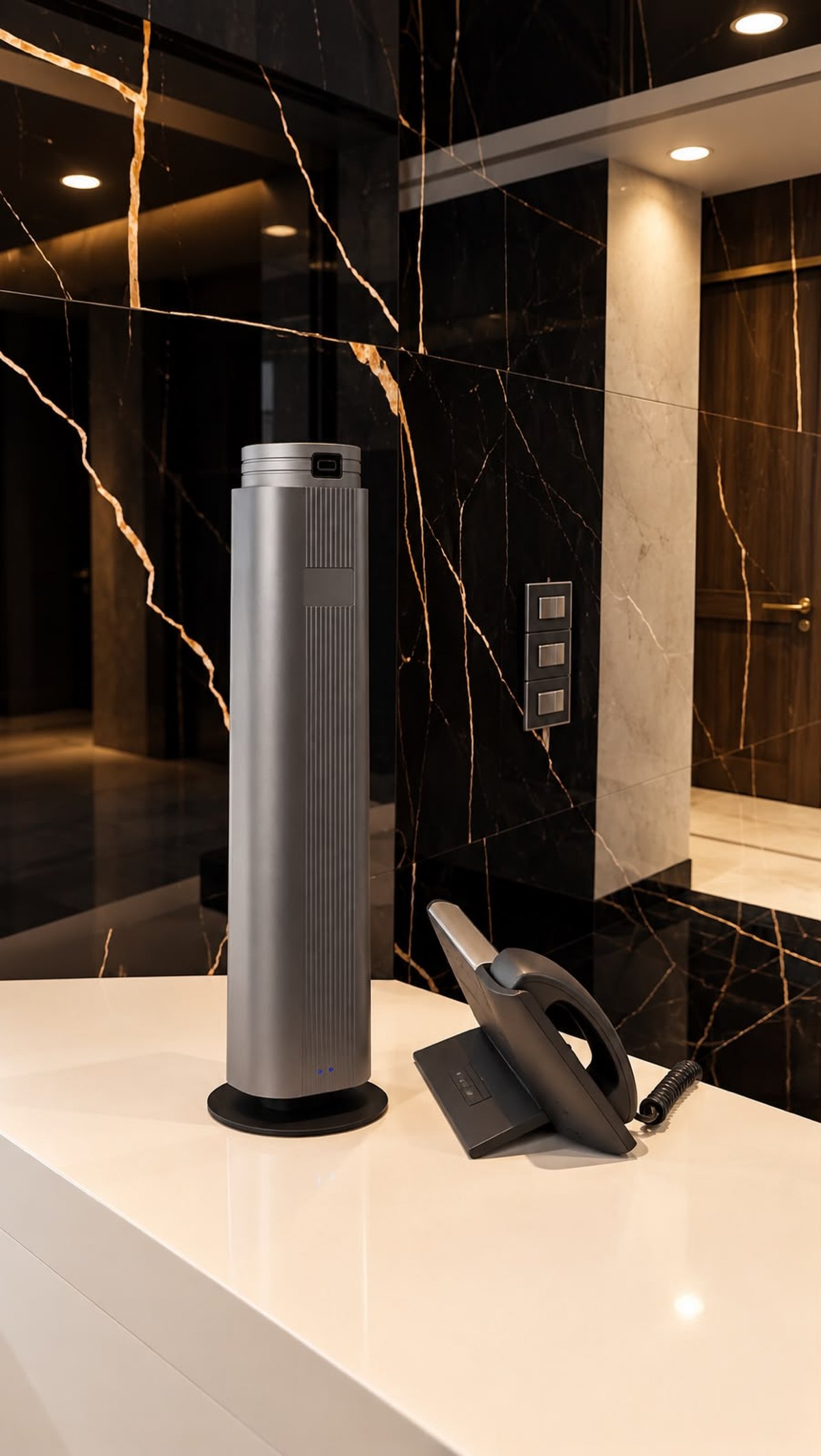 Scent in Motion tower diffuser on a reception counter in a marble lobby