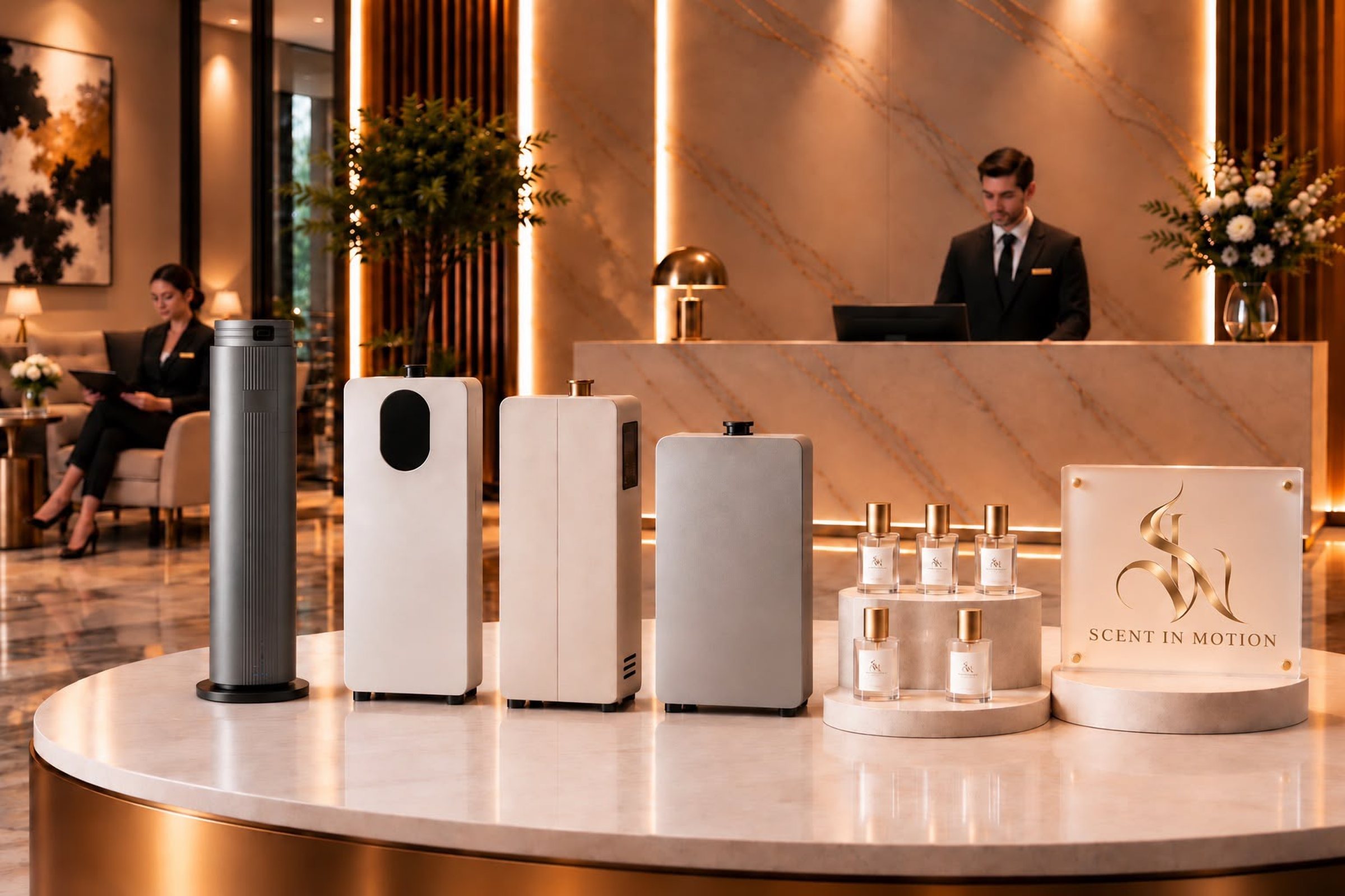 Scent in Motion scenting systems and fragrances on display in a hotel lobby